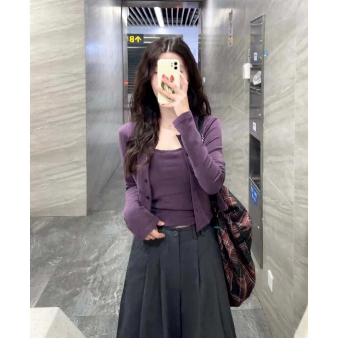 流行时尚套装女2024秋季新款韩系慵懒风吊带针织上衣半身裙三件套