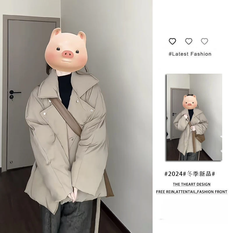 韩版宽松休闲大翻领绑带棉服女2024秋冬新款慵懒百搭保暖外套女潮