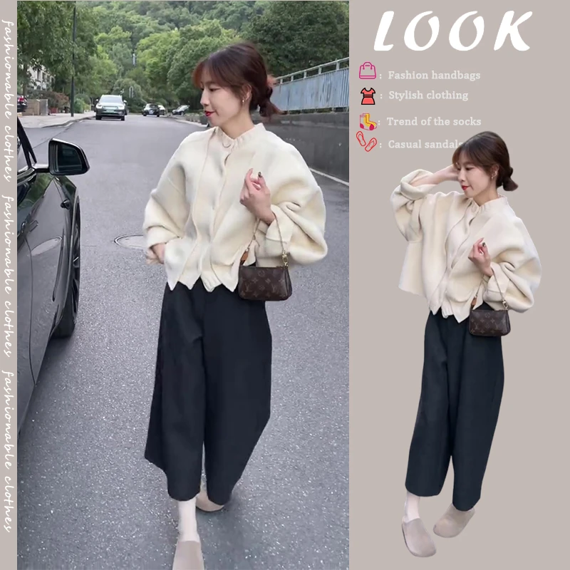 入秋穿搭一整套女装2024年设计感慵懒风假两件针织毛衣裤子两件套