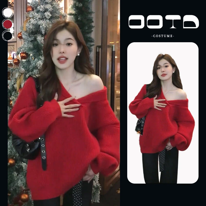 入秋一整套女装2024新款韩版气质时尚红色针织毛衣高腰裤子两件套