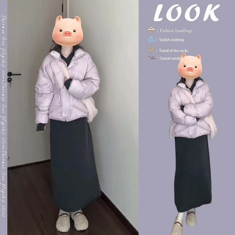 2024秋冬季新款韩版休闲短款棉服外套显瘦百搭连帽毛衣裙两件套装