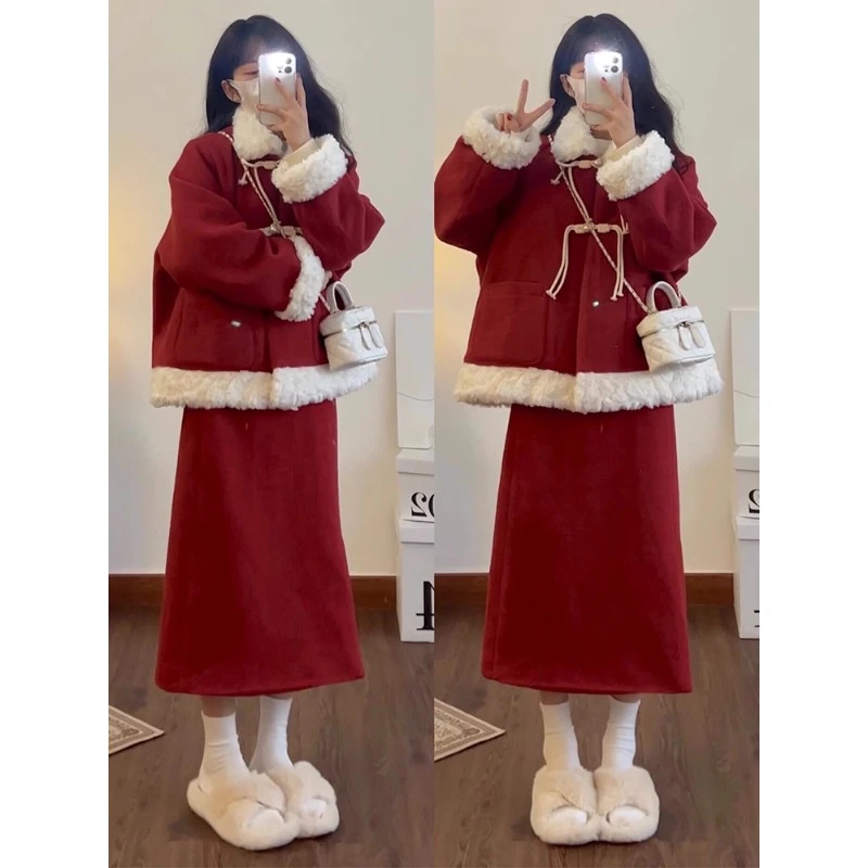 入秋一整套女装2024新款韩版圣诞新年本命年红色外套半身裙两件套