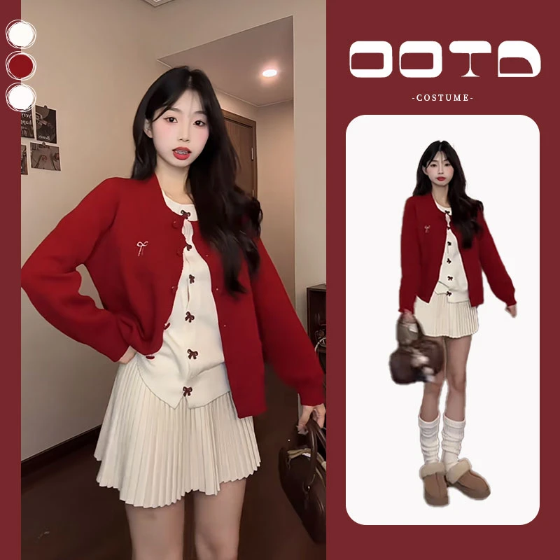 入秋一整套女装2024新款韩版假两件红色蝴蝶结针织开衫短裙两件套