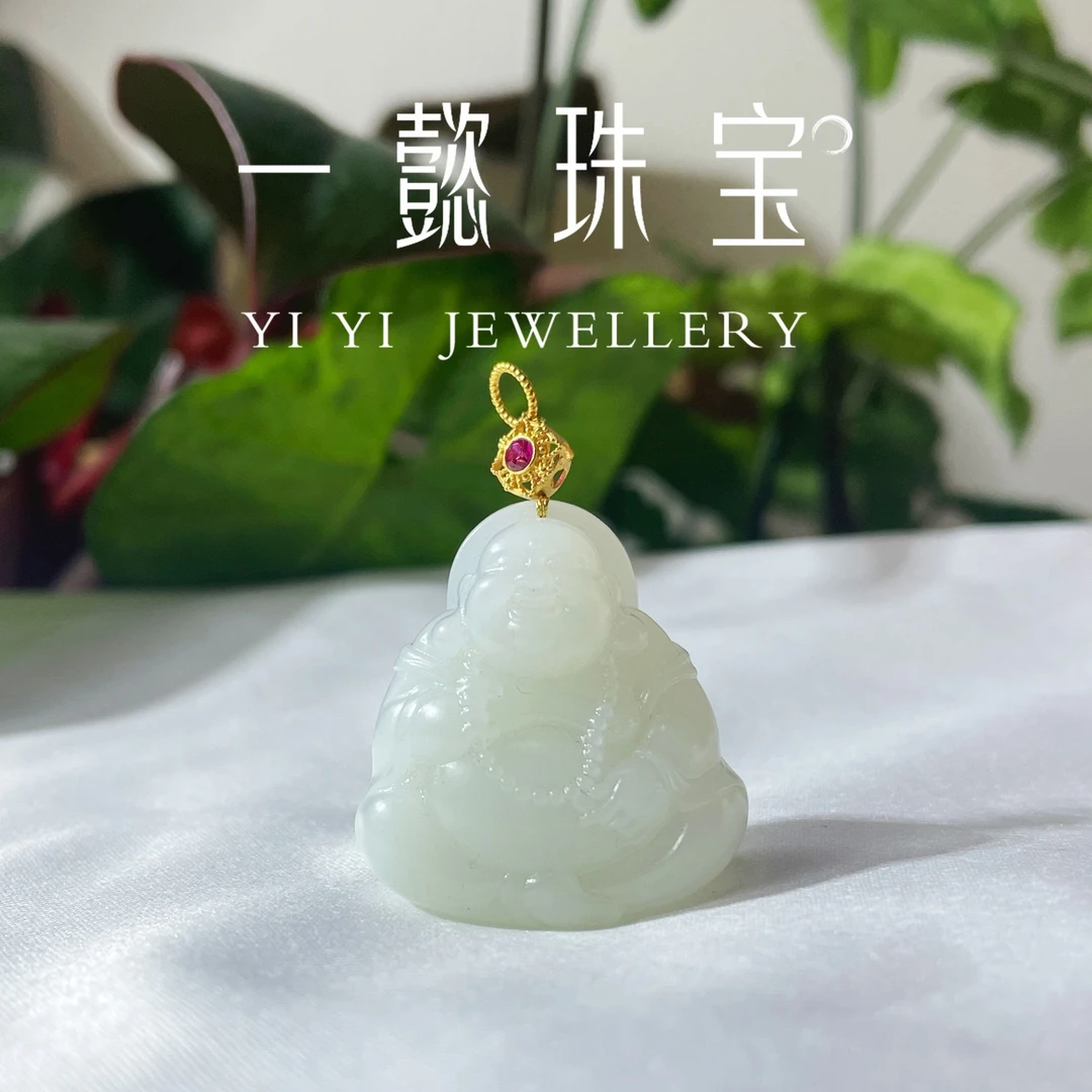 【一懿珠宝】设计师款小方形红扣高定轻奢和田玉白玉弥勒佛by095