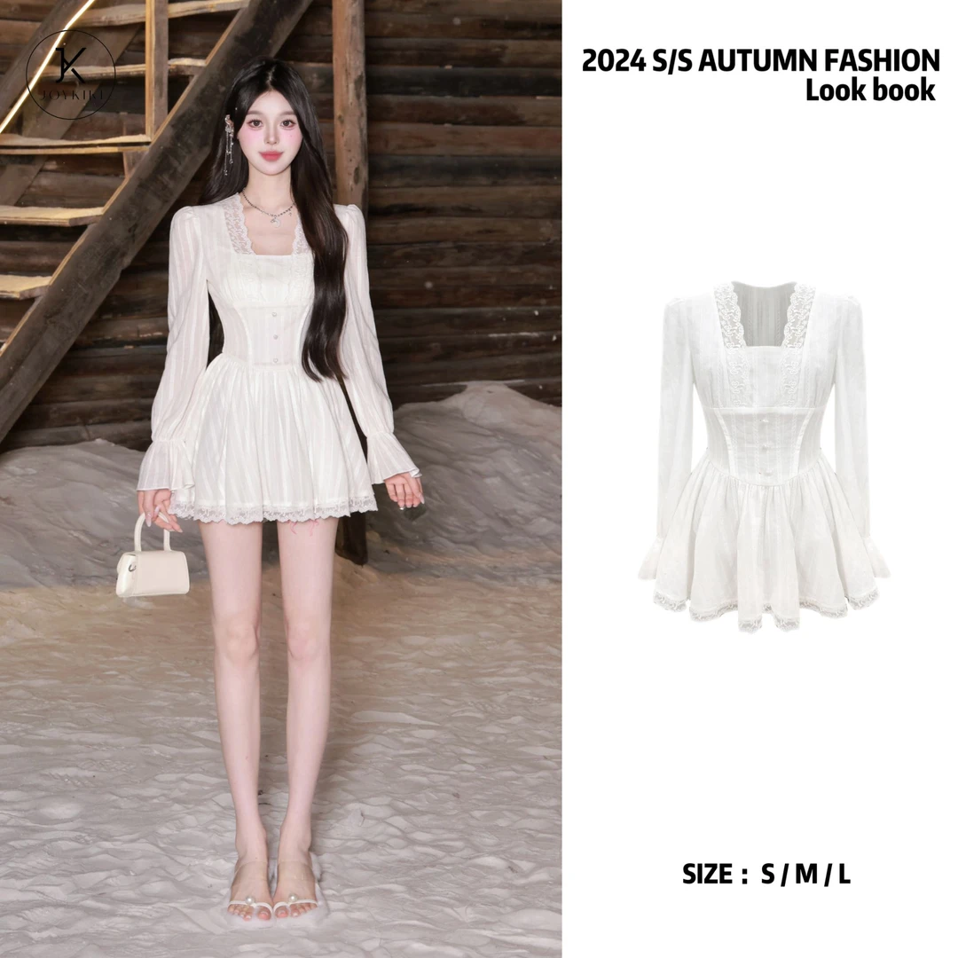 JOY KIKI金金【茉莉告白】蕾丝长袖法式收腰显瘦秋季连衣裙J24C500