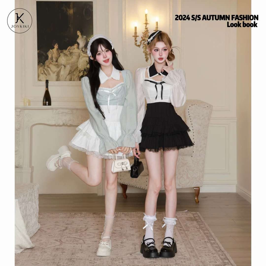 JOY KIKI金金【香家千金】秋季辣妹纯欲拼接蝴蝶结显瘦套装 J24C379