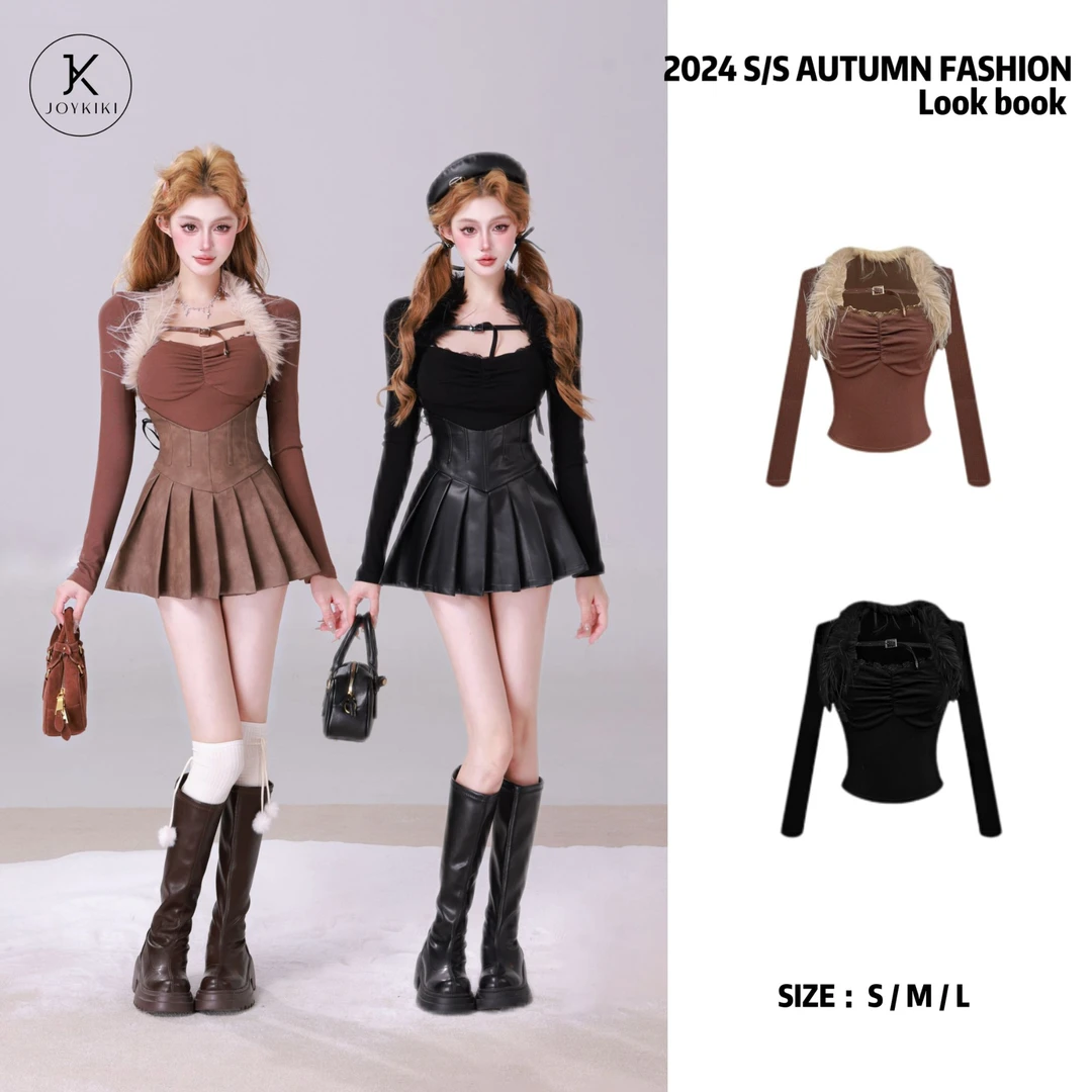 JOY KIKI金金【伦敦衔头】秋季纯欲甜美可爱拼接毛毛上衣 J24D209