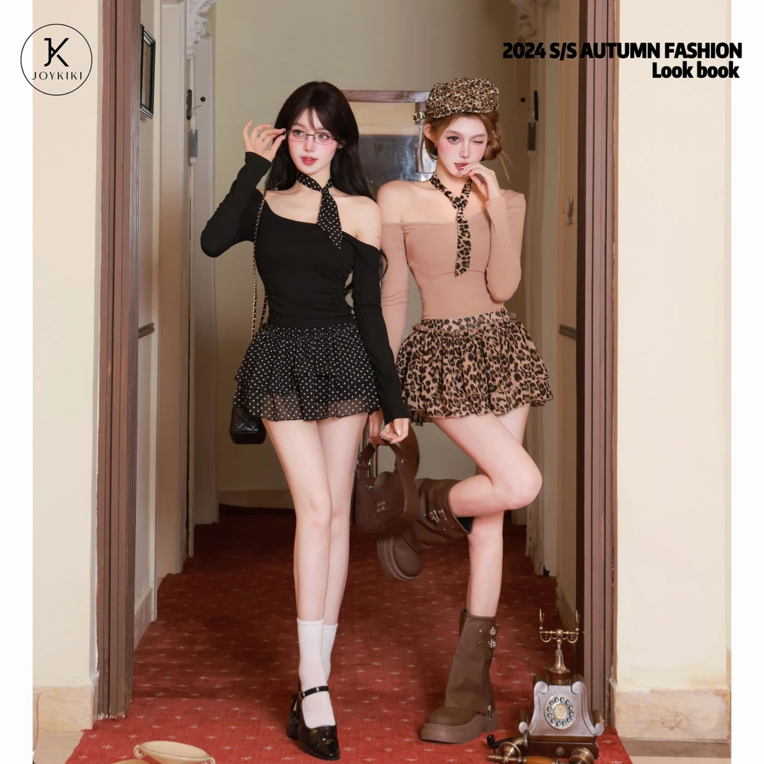 JOY KIKI金金【豹纹少女】纯欲斜肩纯色显瘦上衣半裙 J24C332