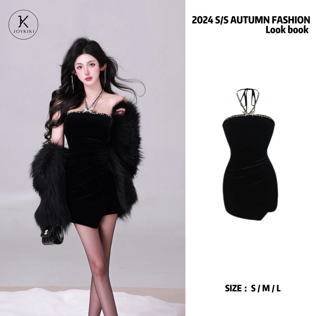 JOY KIKI金金【初恋日记】设计感气质挂脖抹胸包臀连衣裙J24D064