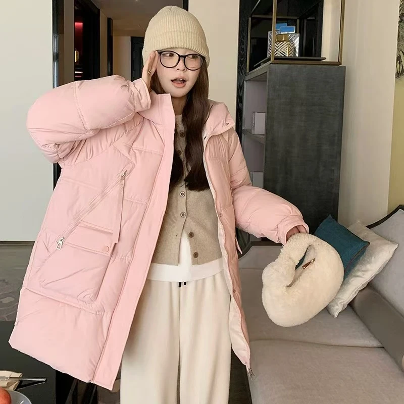 24001大口袋连帽中长款拉链小个子纯色时尚休闲百搭羽绒服