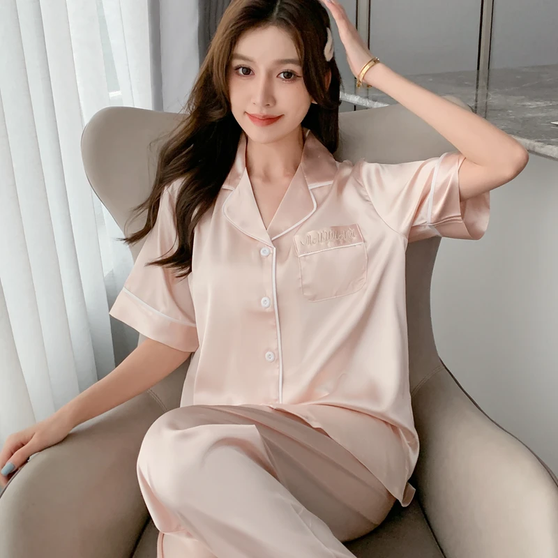 女士春夏季短袖长裤冰丝睡衣女夏薄款家居服甜美开衫大码两件套装