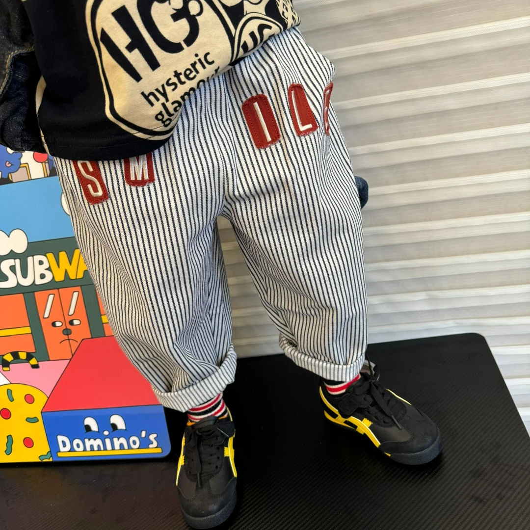 现货  24童装秋冬竖纹刺绣男女童长裤019