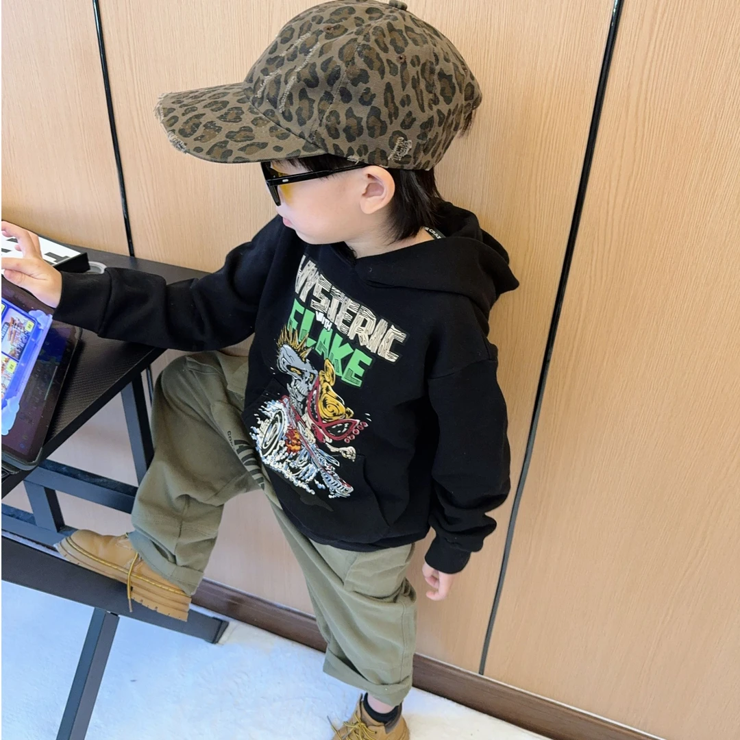 令佳潮牌 24儿童春秋冬黑超高定拔印印花毛圈洋气戴帽卫衣083