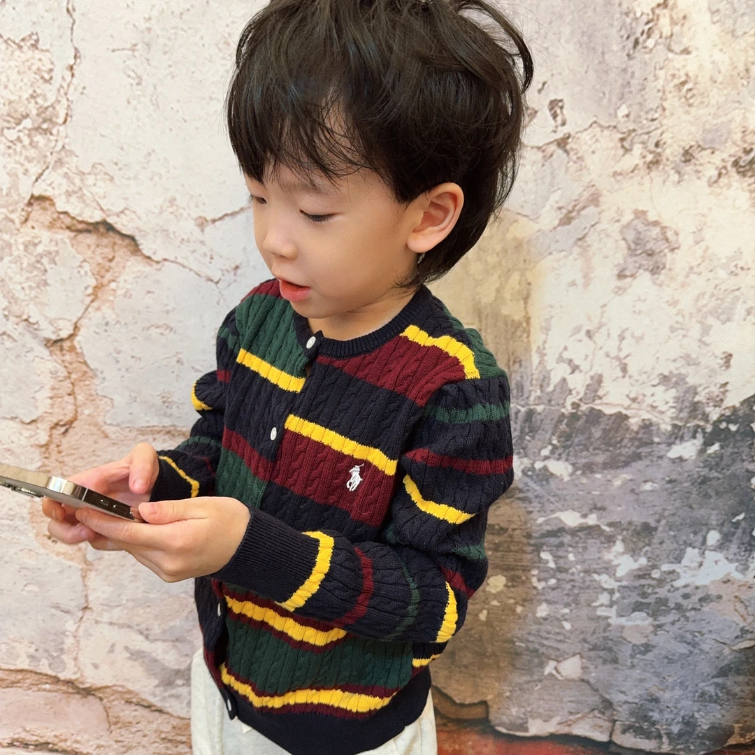 现货 24儿童秋冬拼色洋气韩版条纹彩色针织开衫毛衣0168
