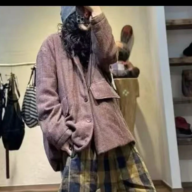 衣牧了然2410931复古双面冬季保暖宽松百搭点子纱西装款棉服