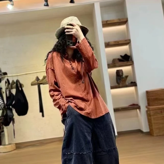 忆古朴拙2410715 百搭休闲长袖宽松多扣翻领毛边上衣T恤