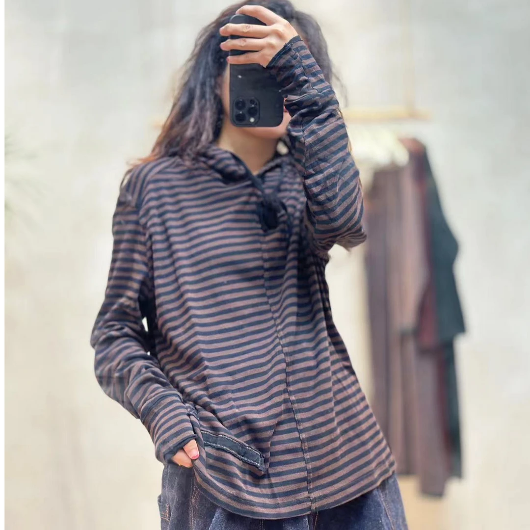 忆古朴拙240832秋新款文艺休闲双面针织条纹补丁戴帽长袖纯棉卫衣