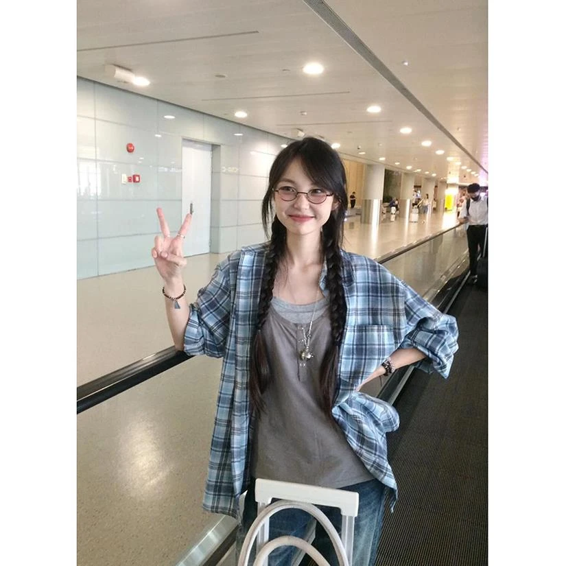 未笑美式复古格子长袖衬衫女早秋季新款设计感小众宽松休闲衬衣外