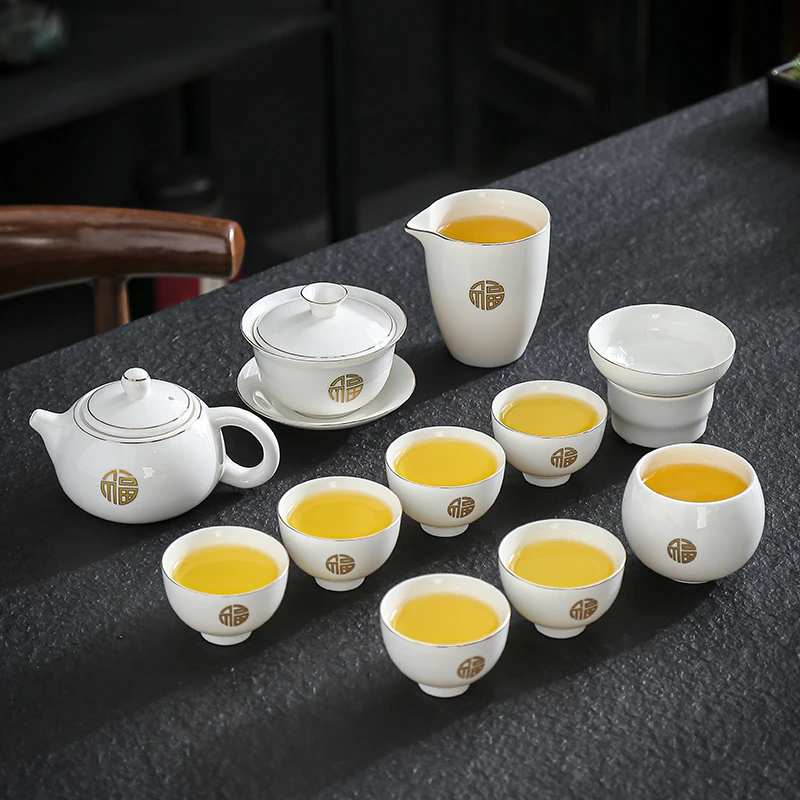 羊脂玉陶瓷茶具整套茶具金福