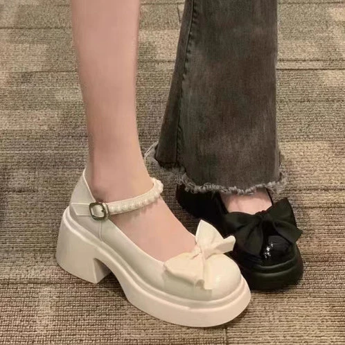 冬款法式小皮鞋女2023春新款厚底增高蝴蝶结配裙子粗跟高跟单鞋