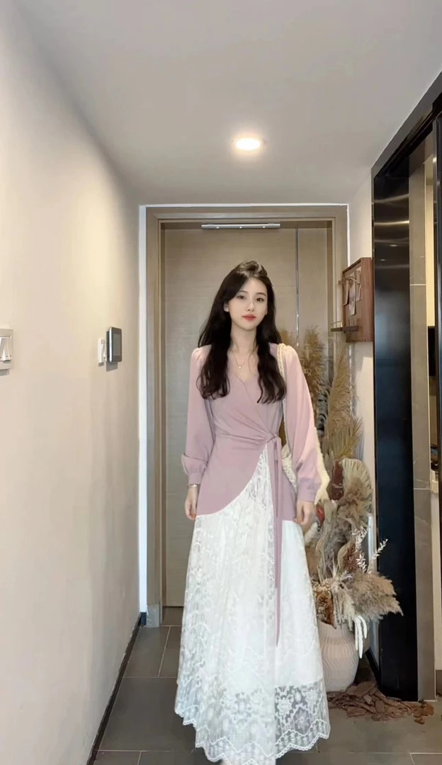 AN•XIN 【梨云花】法式别致高级感气质假两件拼接蕾丝连衣裙8823-9