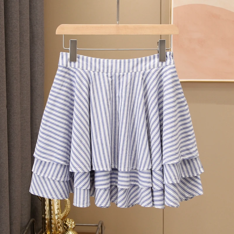 学院风条纹显瘦半身裙洋气高腰时尚学生百搭女士韩版荷叶边短裙子