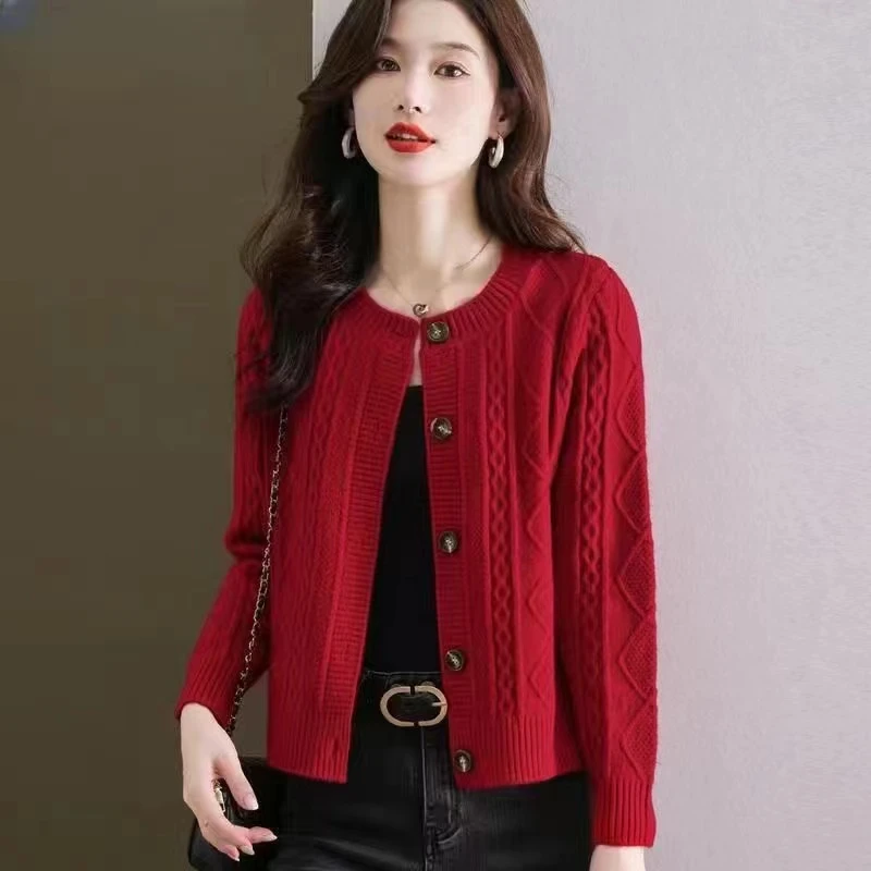 秋冬长袖针织衫外套开衫女秋冬圆领上衣时尚宽松洋气外搭毛衣F16