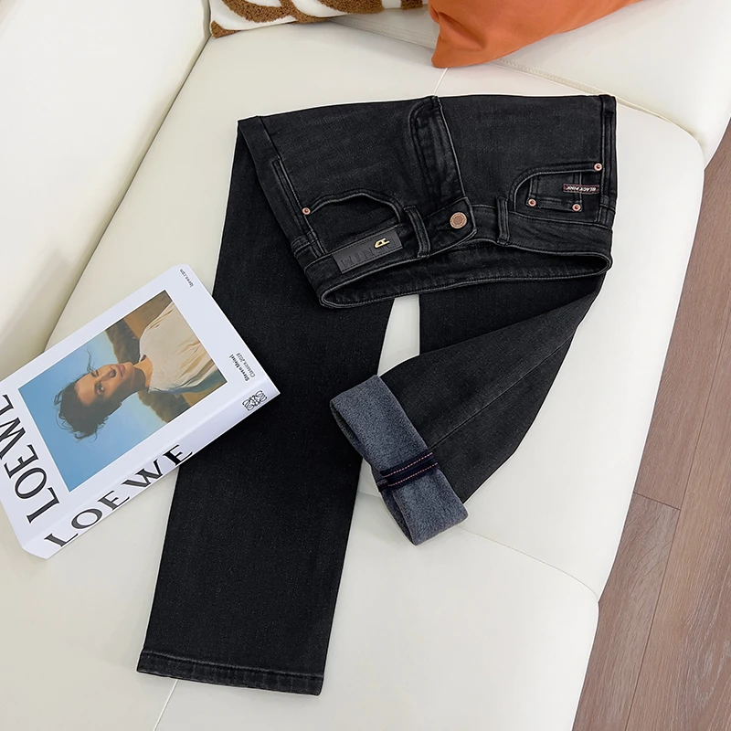 【华总高定】2024冬季黑锆石抓毛高腰小个子烟管牛仔裤女