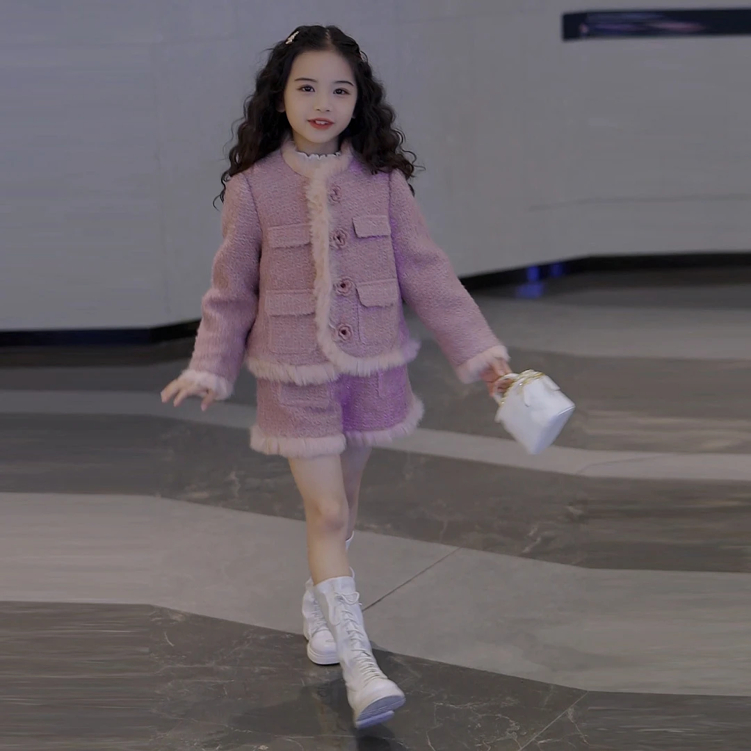 媛媛公2024冬季新款女童儿童洋气时尚小香风新国标90绒毛呢套装潮