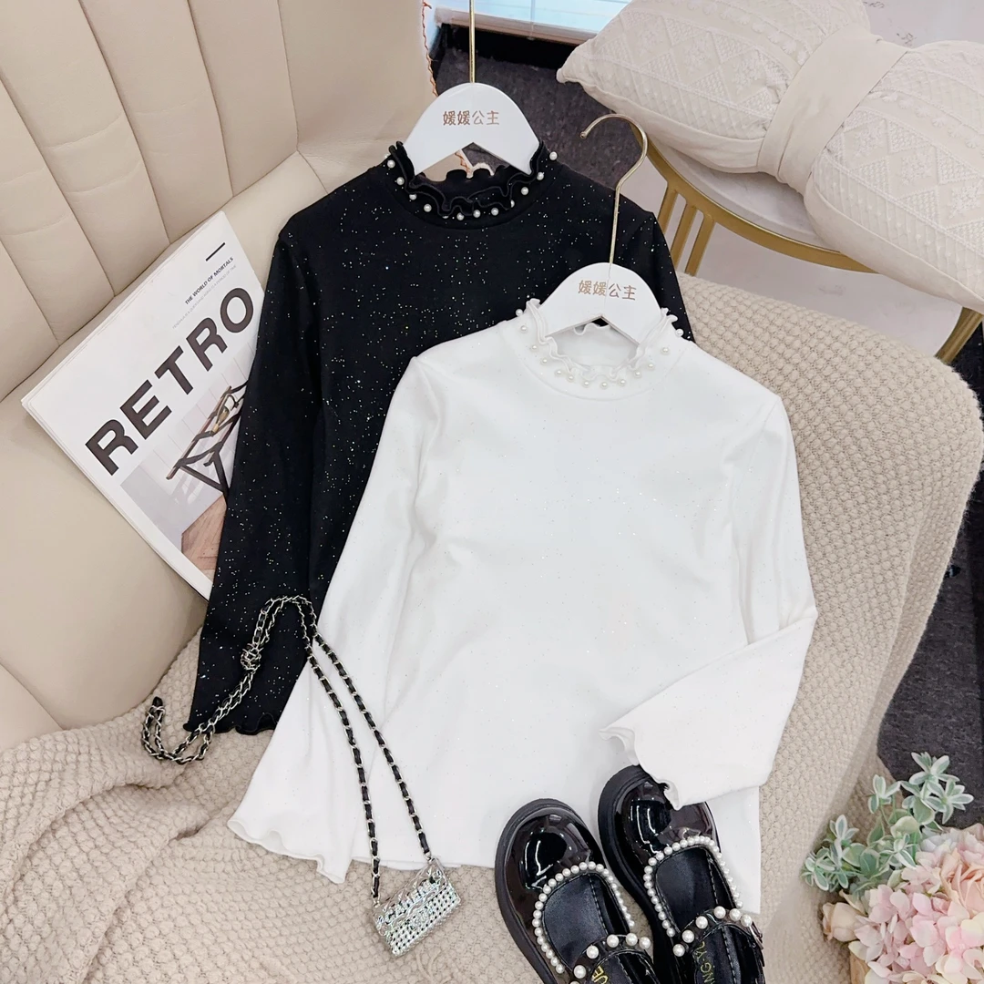 儿童打底衫2024秋季新品女童中大童简约百搭花边领长袖上衣童装潮