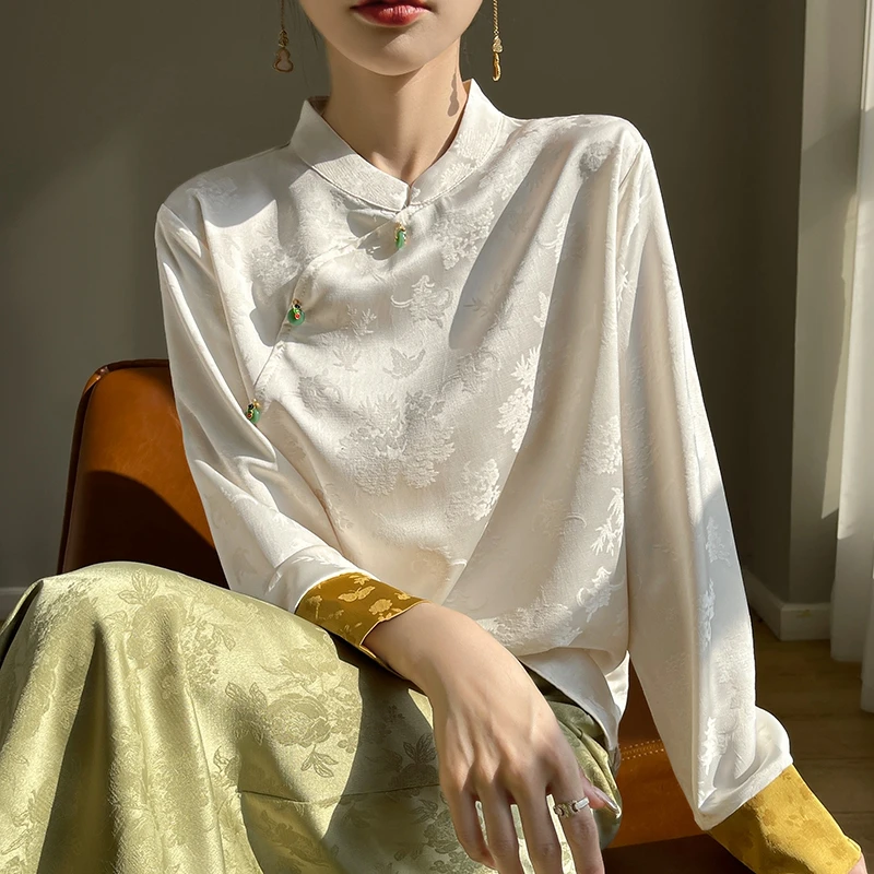 缎面新中式盘扣国风立领重工刺绣提花气质T恤女夏季长袖宽松衬衫