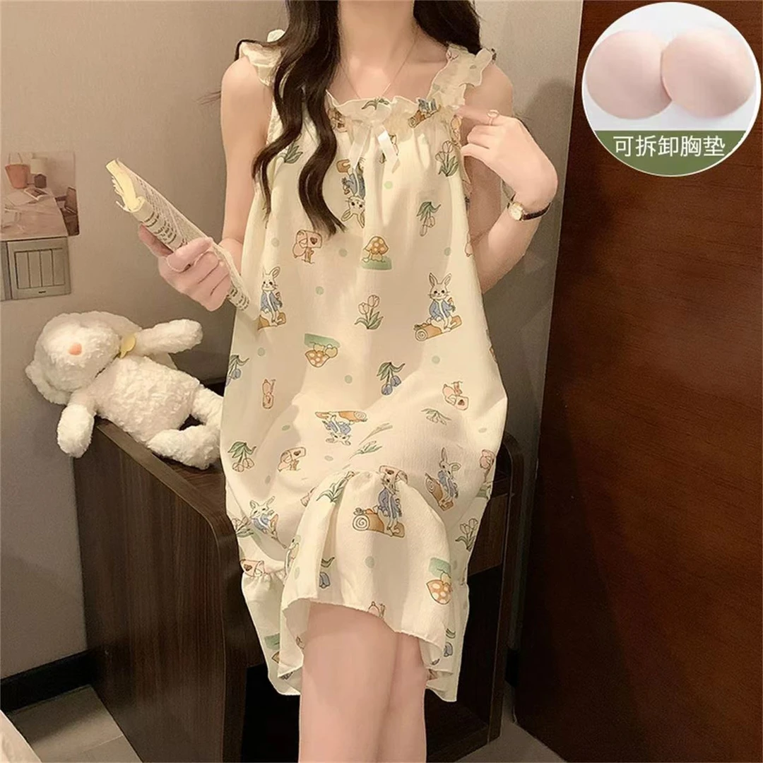 夏季新爆款泡泡棉皱布可拆卸胸垫睡裙吊带碎花流苏睡衣女
