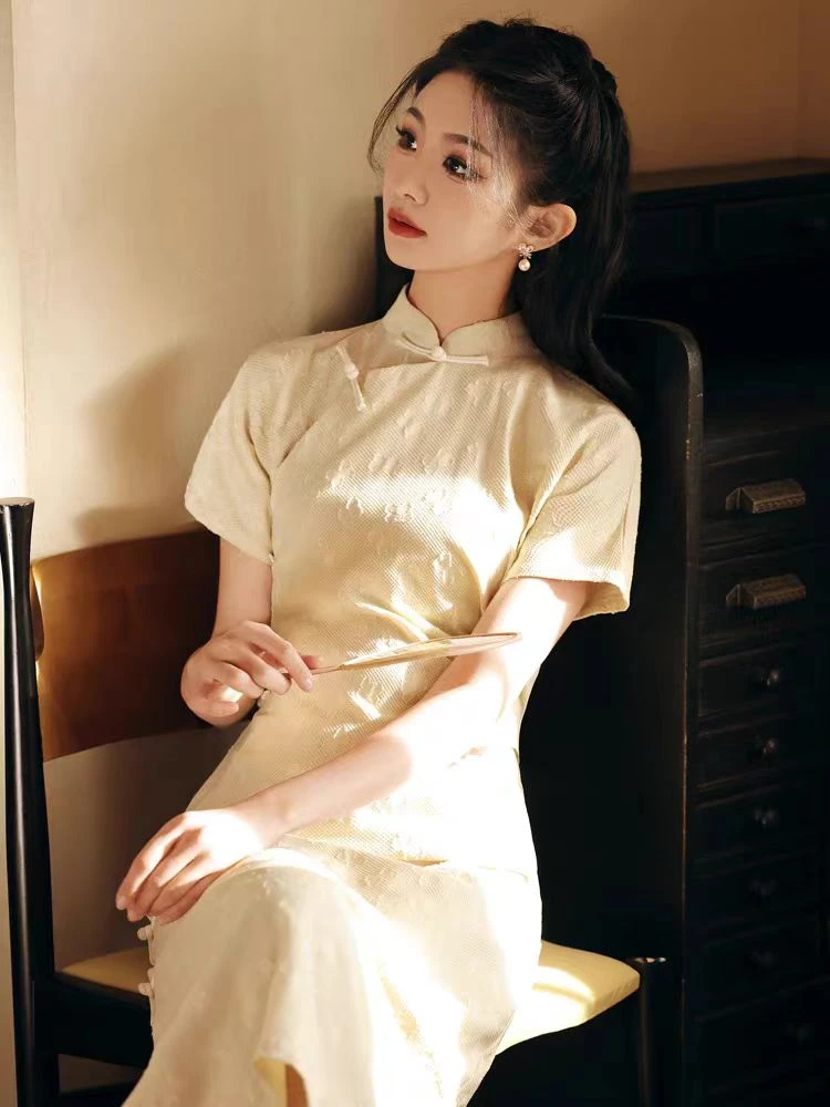 黄色提花旗袍复古民国风少女年轻气质全开襟古法传统大学生日常