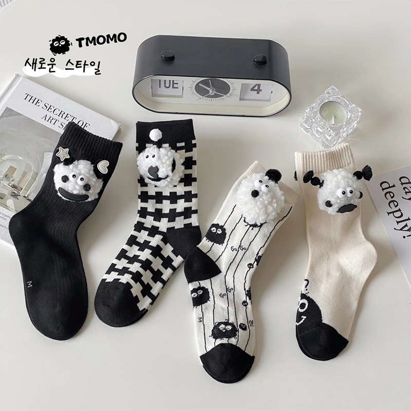 儿童袜子春秋黑白球小怪兽秋冬季中筒防臭精梳棉袜女童公主宝宝袜