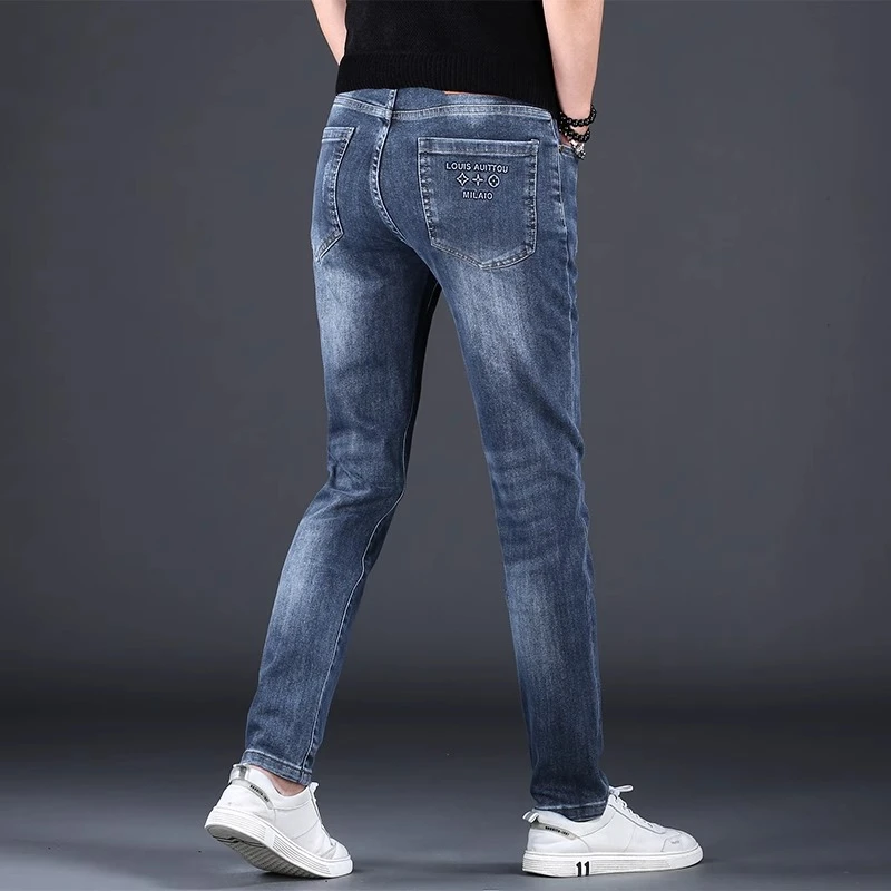 2024爆款牛仔裤男修身小脚裤印花休闲弹力百搭蓝色裤780
