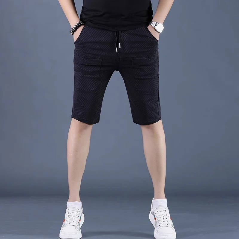 夏季黑色格子休闲短裤男士新款高档百搭直筒七分薄款修身短裤694