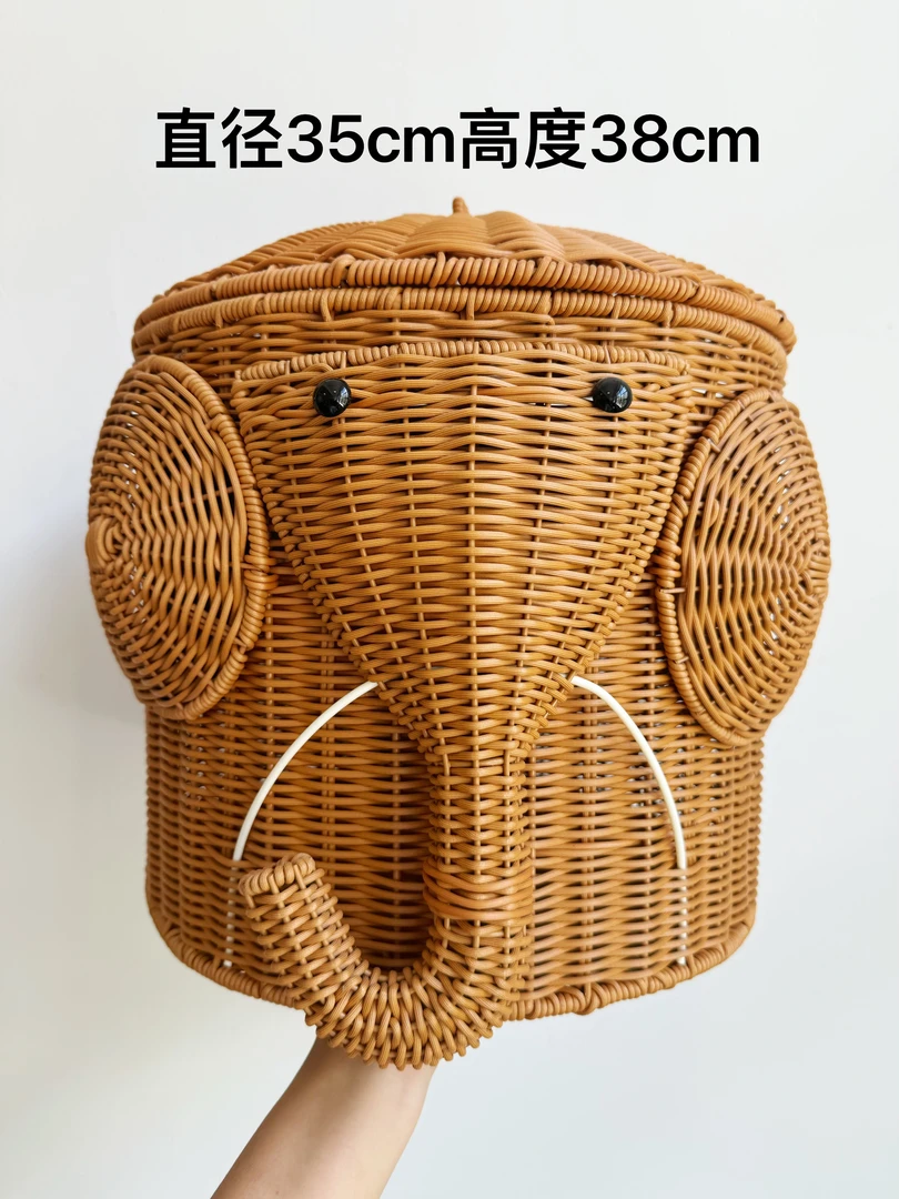 Z200可爱大象带盖仿藤蓝手工创意家用储物桶收纳筐玩具收纳篮客厅