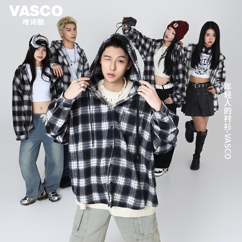 VASCO唯诗酷 2024年美式格子连帽新款秋冬情侣oversize衬衫外套
