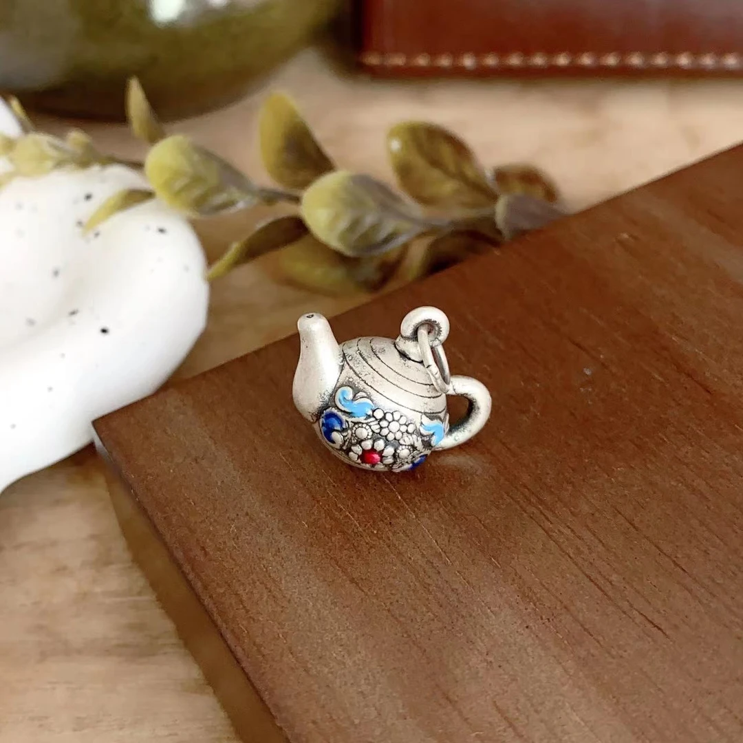 吊坠足银  【古八】足银烧蓝把把壶吊坠 110262