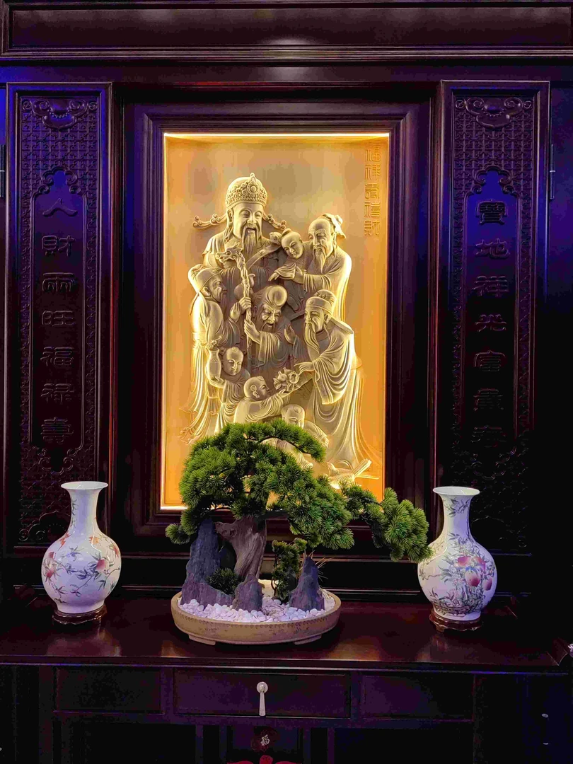 东阳木雕中式纯手工高端创意工艺品手工可发光背景墙五福临门财神
