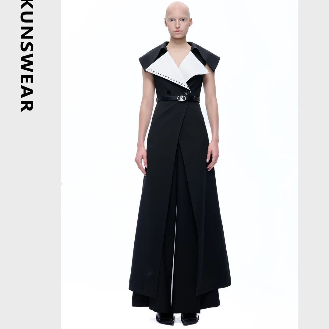 KUNSWEAR/琨丝薇尔24SU 设计师拼接撞色轻奢长款外套女 824002051