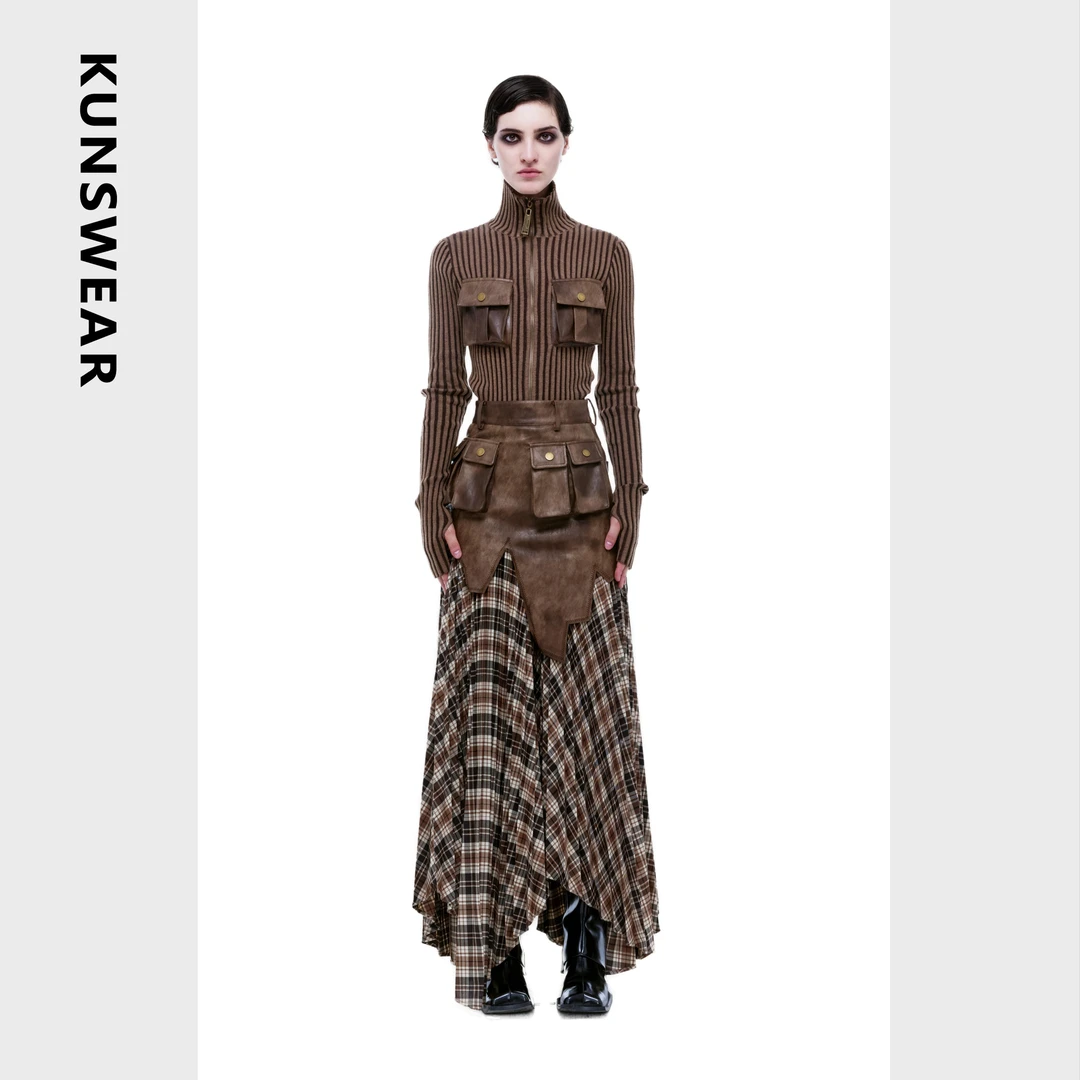 KUNSWEAR/琨丝薇尔24AW 沙漠废土拼接格纹多口袋半身裙 828005110