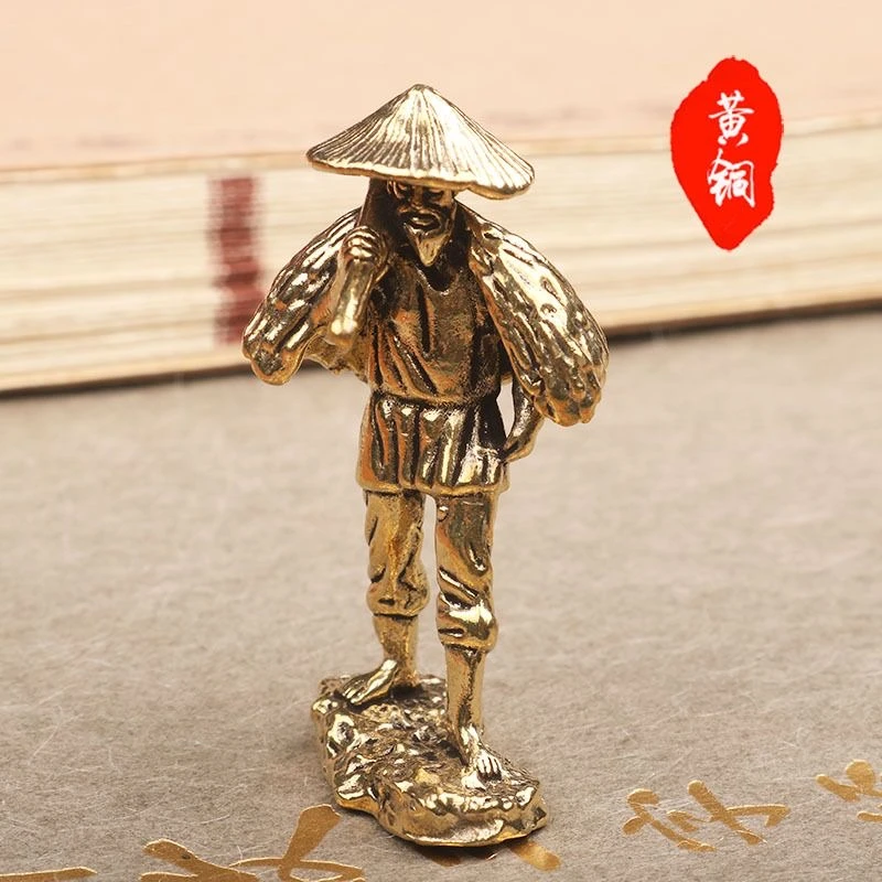 纯黄铜山下锄地老农沙盘微景观造景模型玩具摆件小人多肉盆景装饰