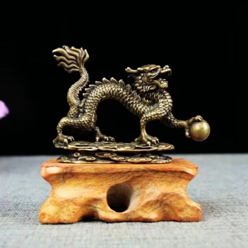实心中国龙黄铜十二生肖龙摆件戏珠龙踏祥云办公桌面家居装饰摆件