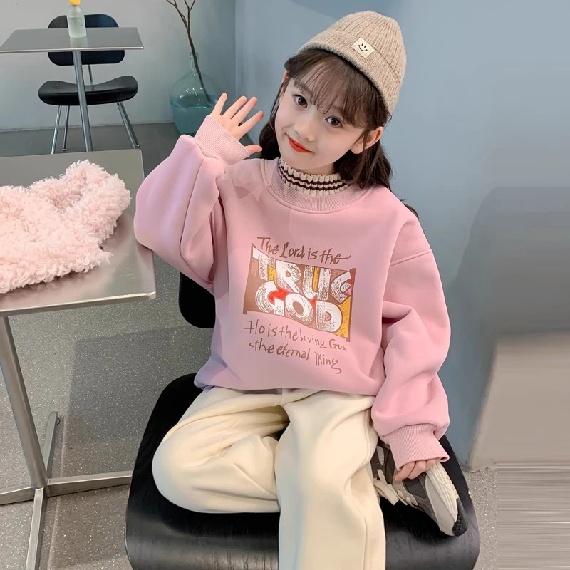 女童加绒卫衣2024新款儿童洋气女大童加厚冬季半高领秋冬女孩上衣