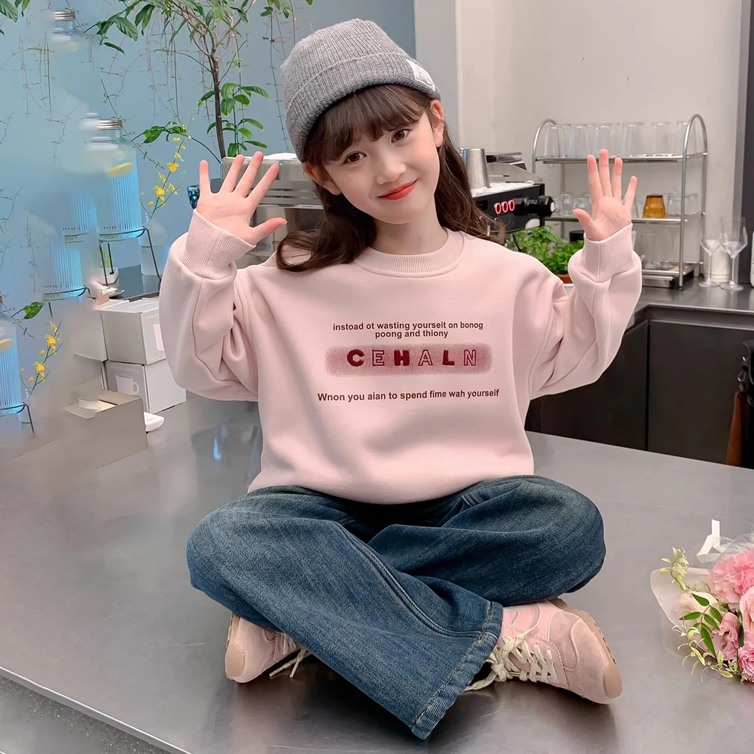 女童加绒卫衣秋冬款2024新款洋气童装小女孩冬装上衣儿童加厚衣服