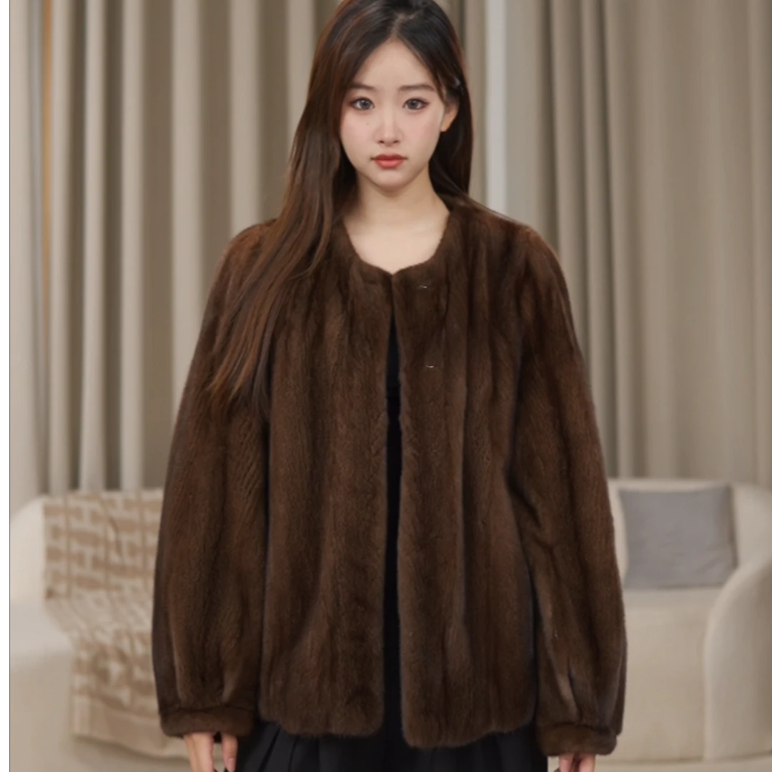 【LeLe乐乐】新款水貂抽刀圆领女整貂年轻时尚皮草