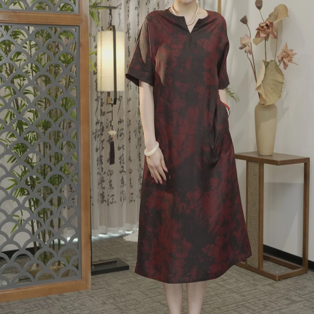 【219】春夏专柜正品红云纱裙子100%桑蚕丝连衣裙年轻款大码精致