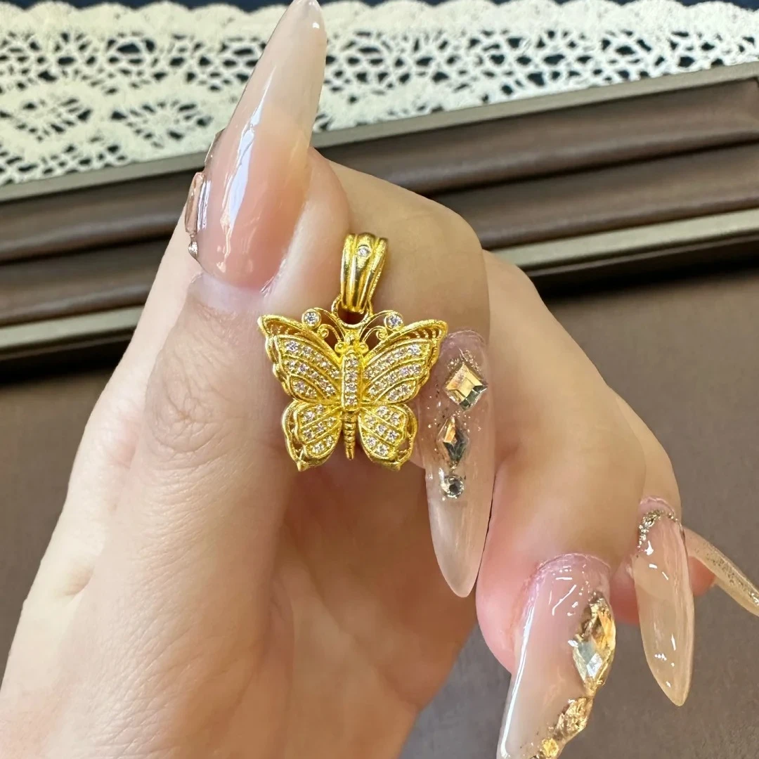 足金999古法镶嵌花丝双层蝴蝶黄金吊坠纯金项链女520生日新年礼物