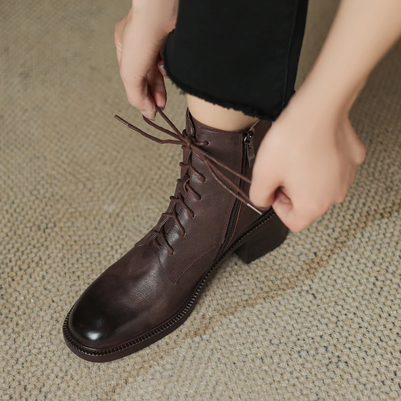 【NICESEE】5cm,2024秋冬新款百搭真皮中跟短靴女粗跟系带马丁靴